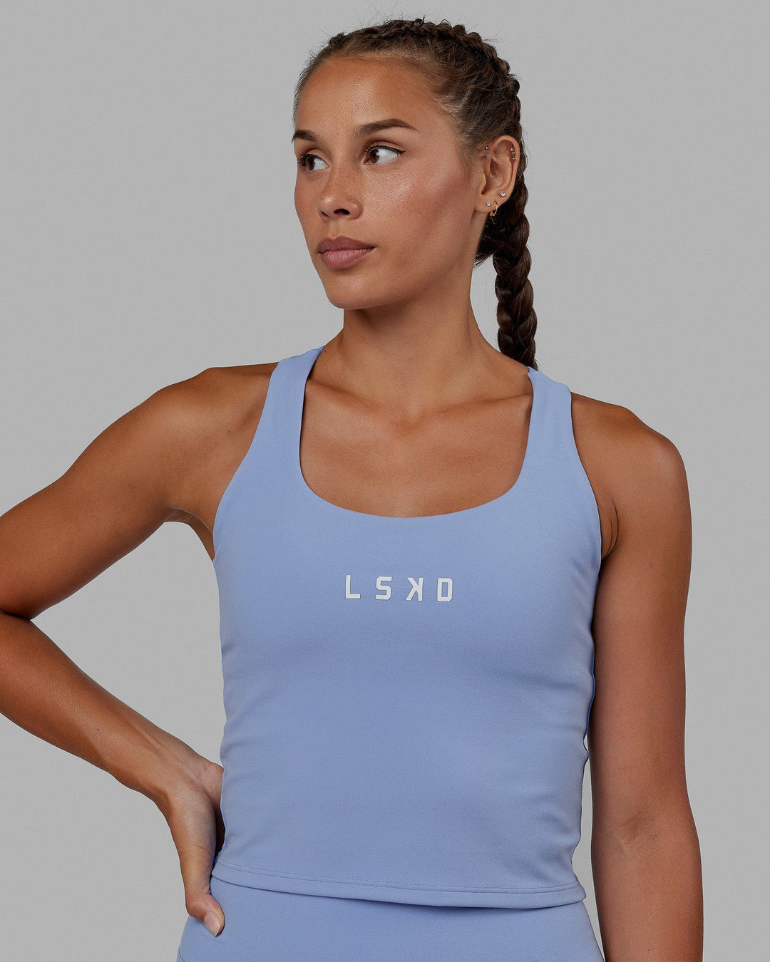 Woman wearing Rep Shelf Bra Performance Tank - Arctic Blue - view 6