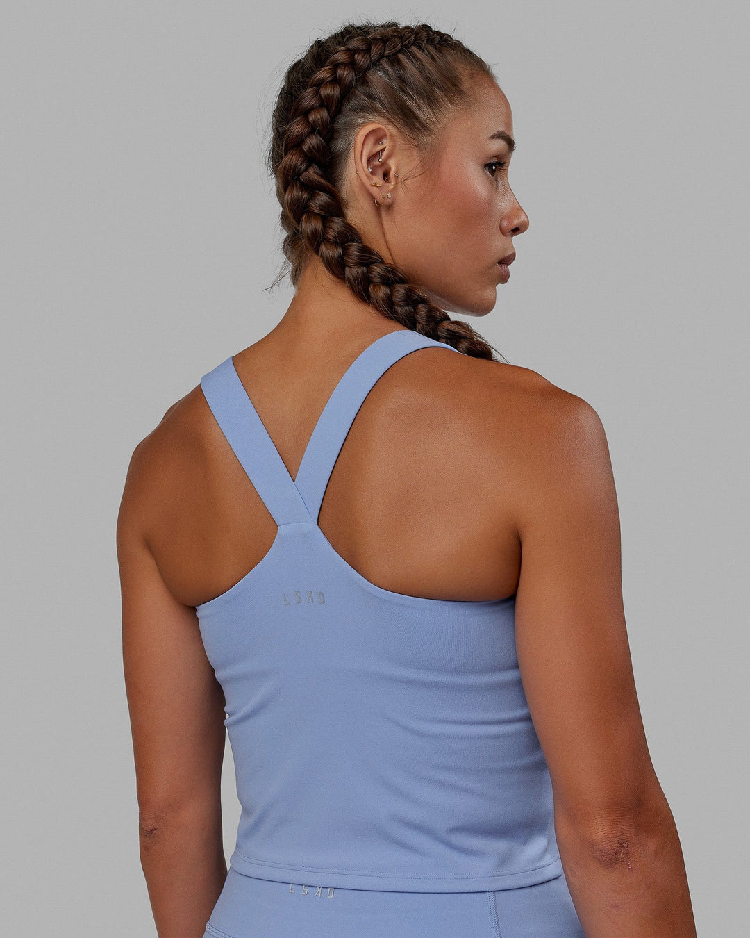 Woman wearing Rep Shelf Bra Performance Tank - Arctic Blue - view 2