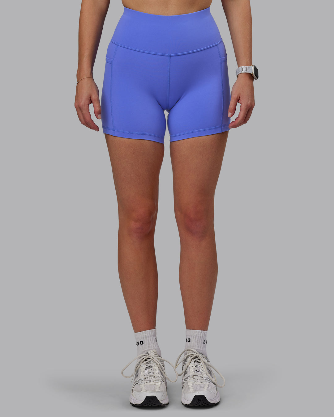 Woman wearing Rep Ultra High-Rise 4" Short Pockets - Baja Blue-White | Model:Lillie | Size:S - view 9