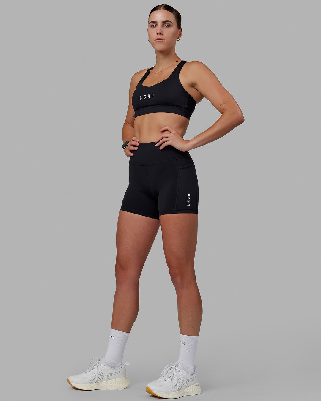 Women wearing O.G. Rep Ultra High-Rise 4" Short Pockets - Black-White | Model:Shae | Size:S - view 6