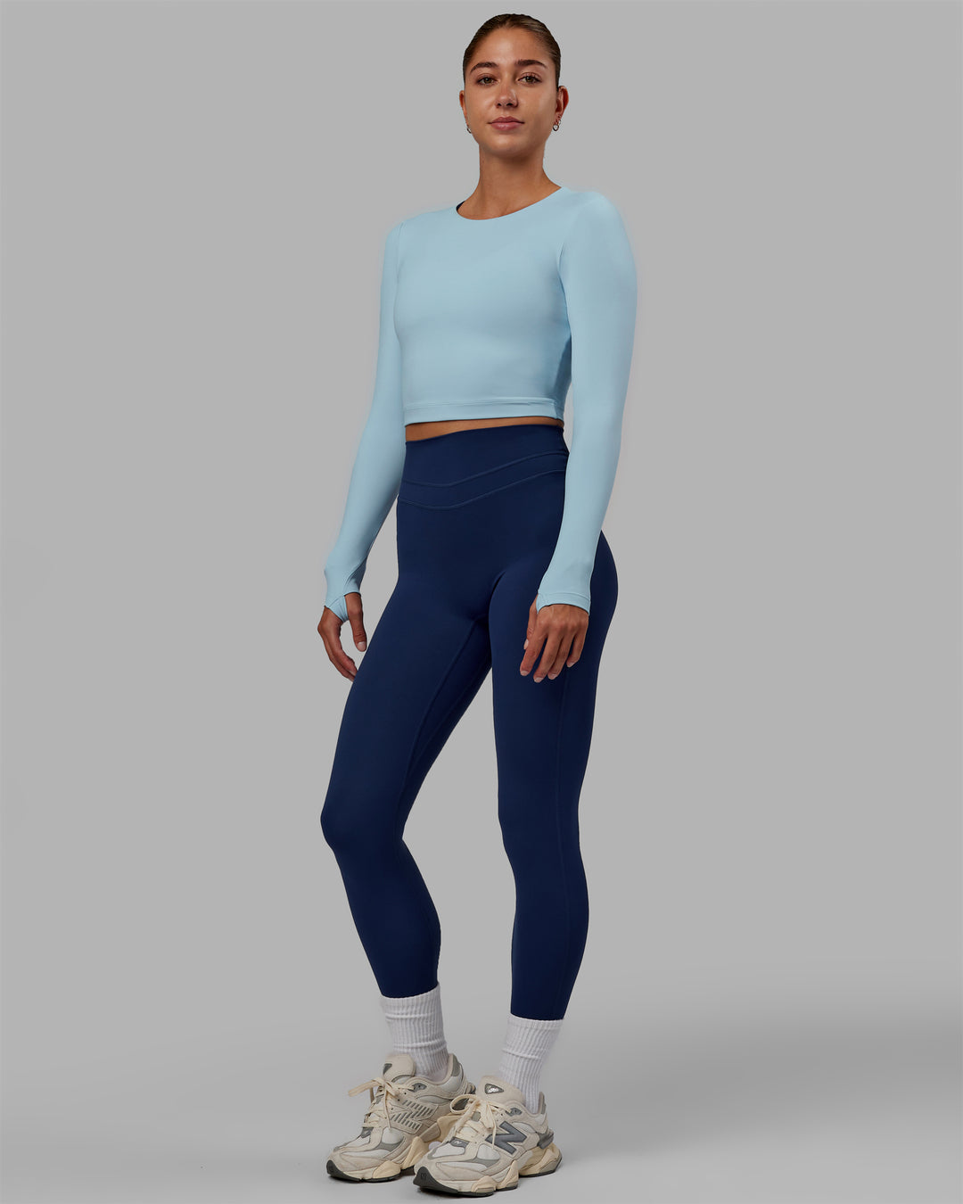 Woman wearing Staple LS Cropped Tee - Glacial Blue - view 5