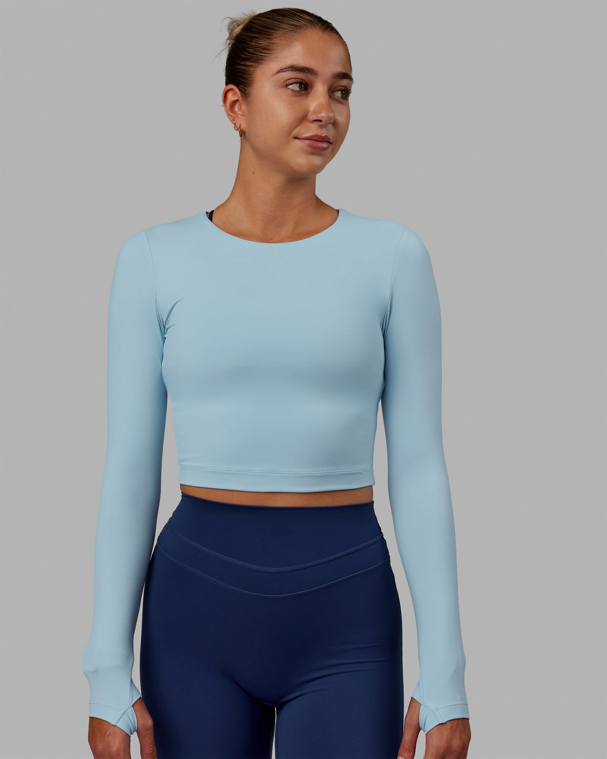 Woman wearing Staple LS Cropped Tee - Glacial Blue
