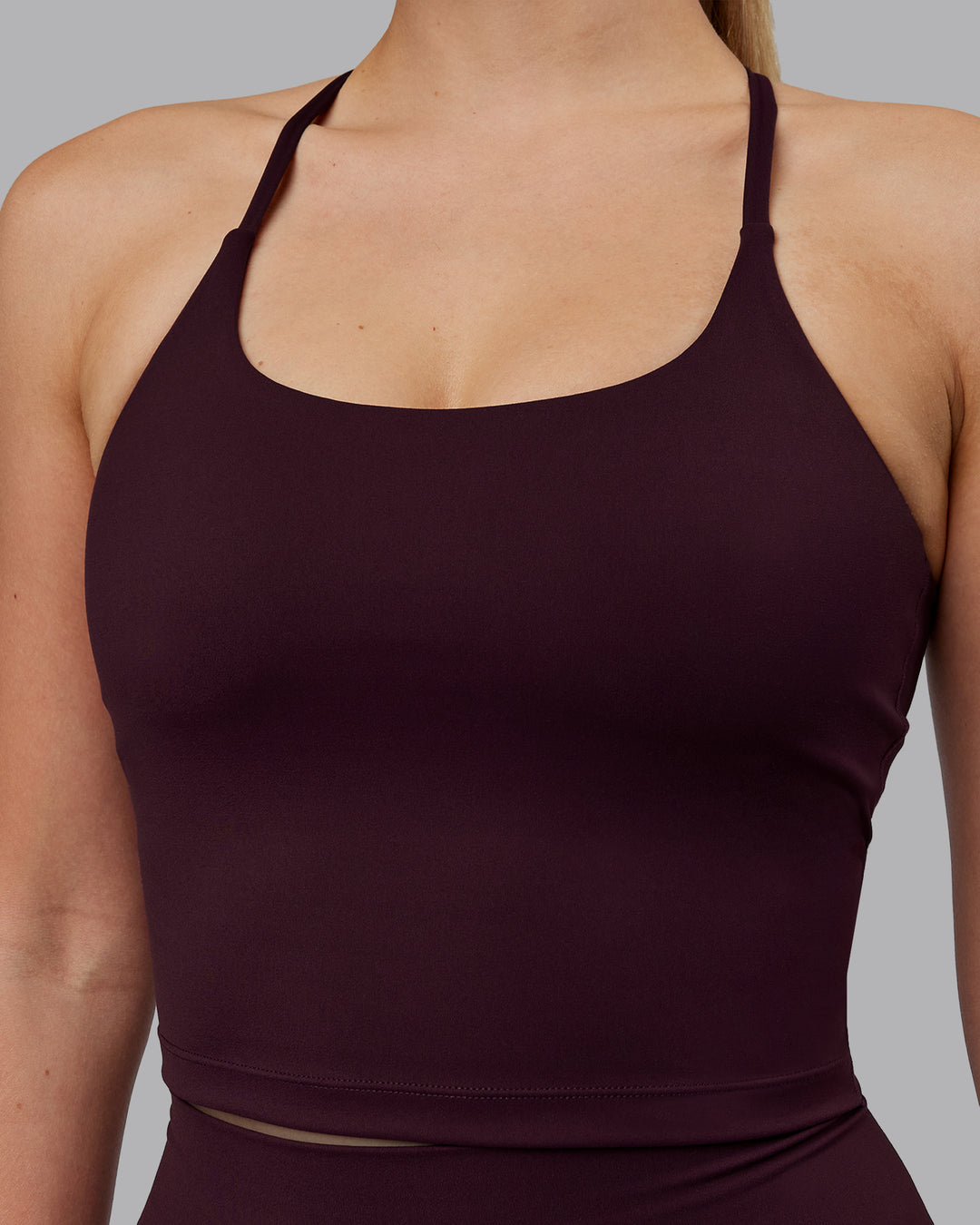 Woman wearing Twist Shelf Bra Tank - Mulberry - view 6