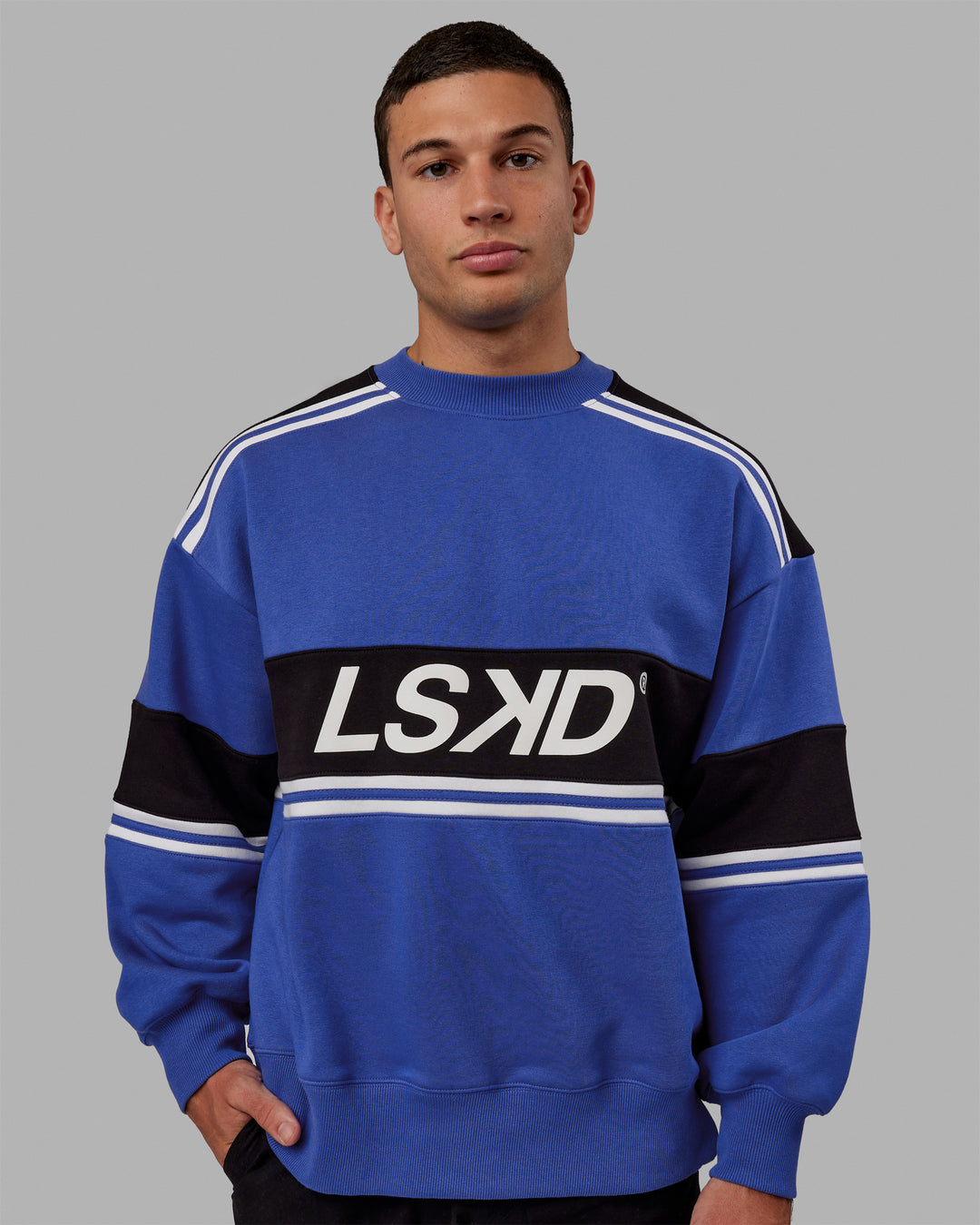 Man wearing Unisex A-Team Sweater Oversize - Power Cobalt-Black - view 6