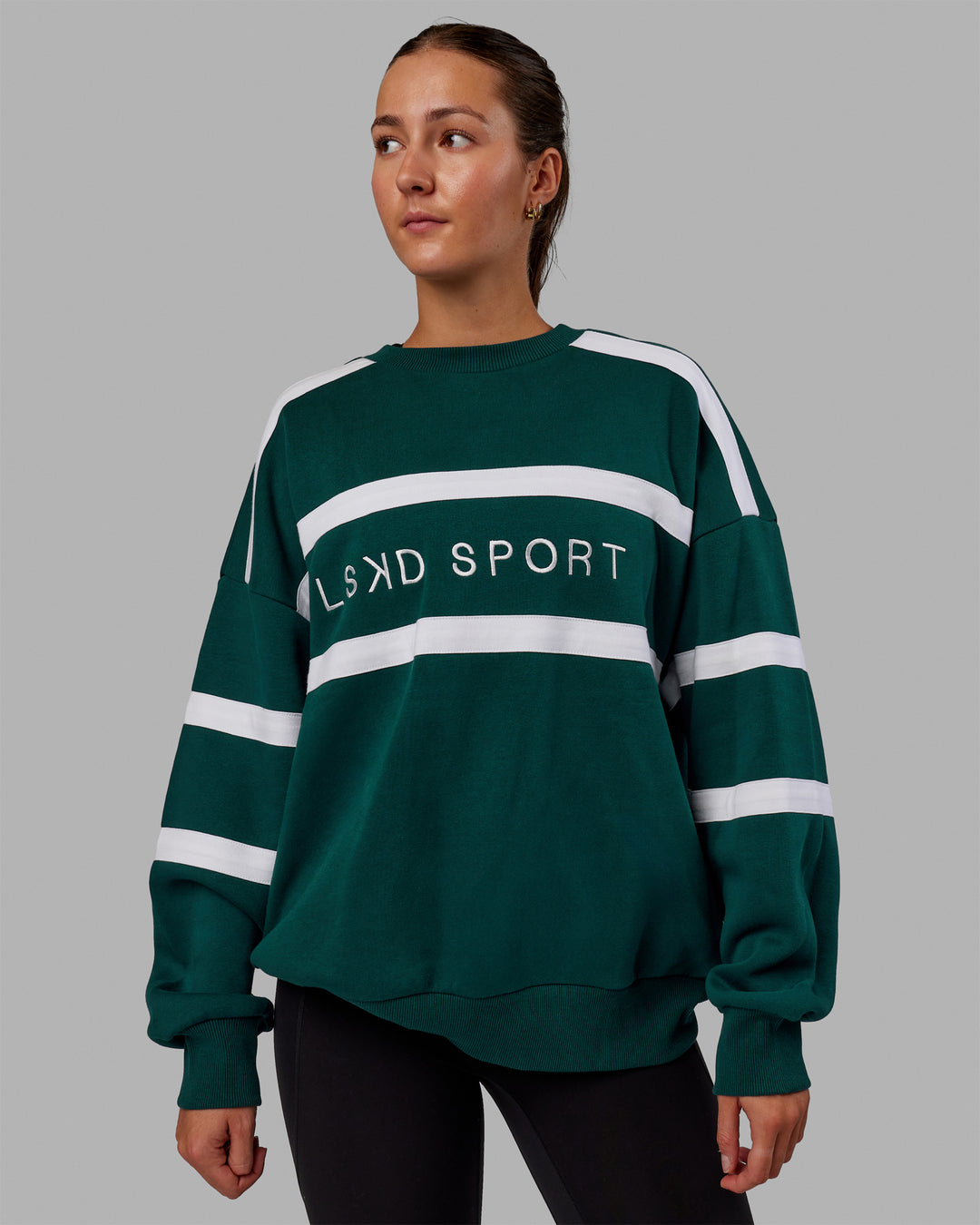 Woman wearing Unisex Collateral Sweater Oversize - Dark Moss-White - view 5
