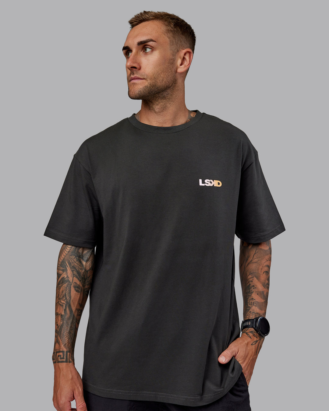 Man wearing Unisex E.T.J FLXCotton Tee Oversize - Pirate Black-Pop Pink - view 3