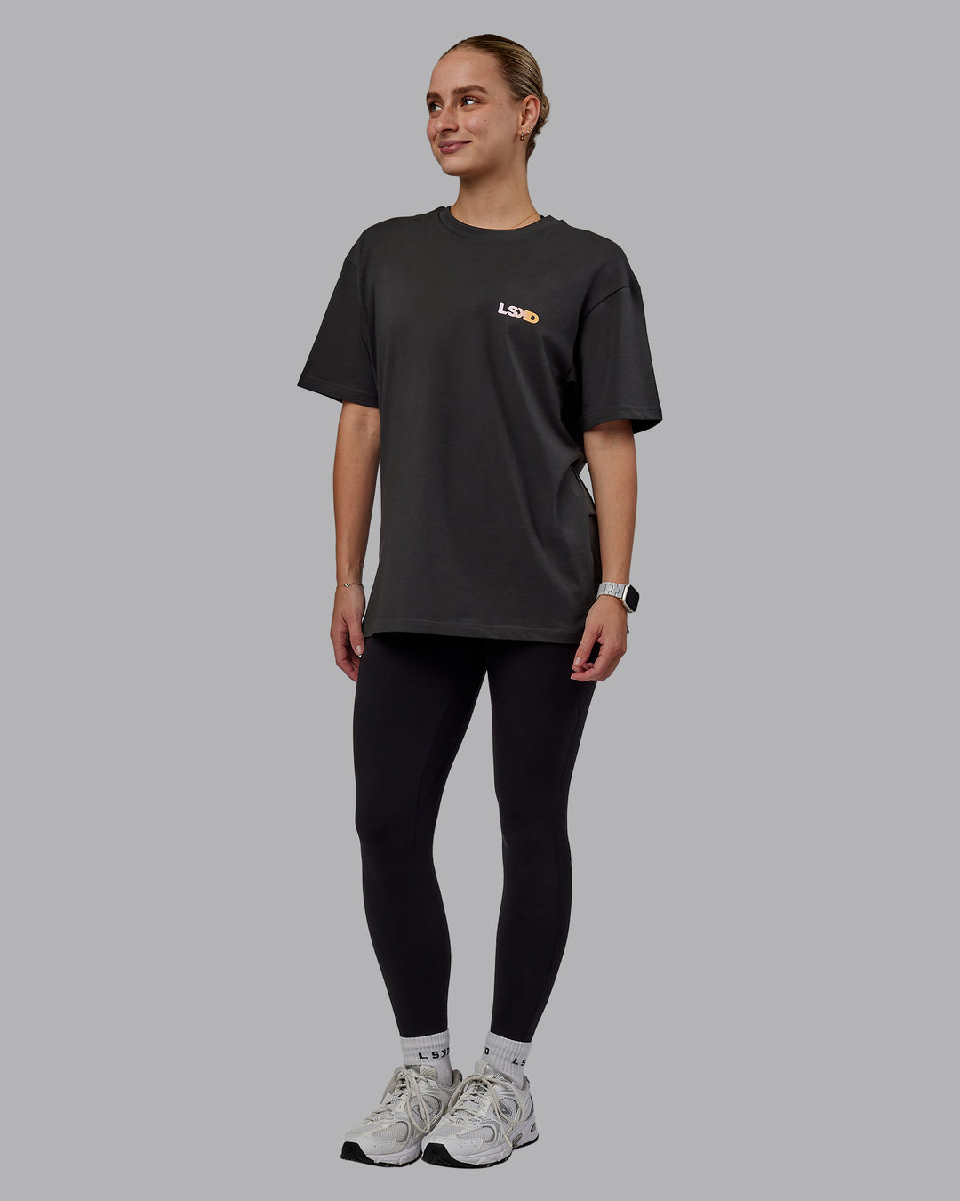 Woman wearing Unisex E.T.J FLXCotton Tee Oversize - Pirate Black-Pop Pink - view 6
