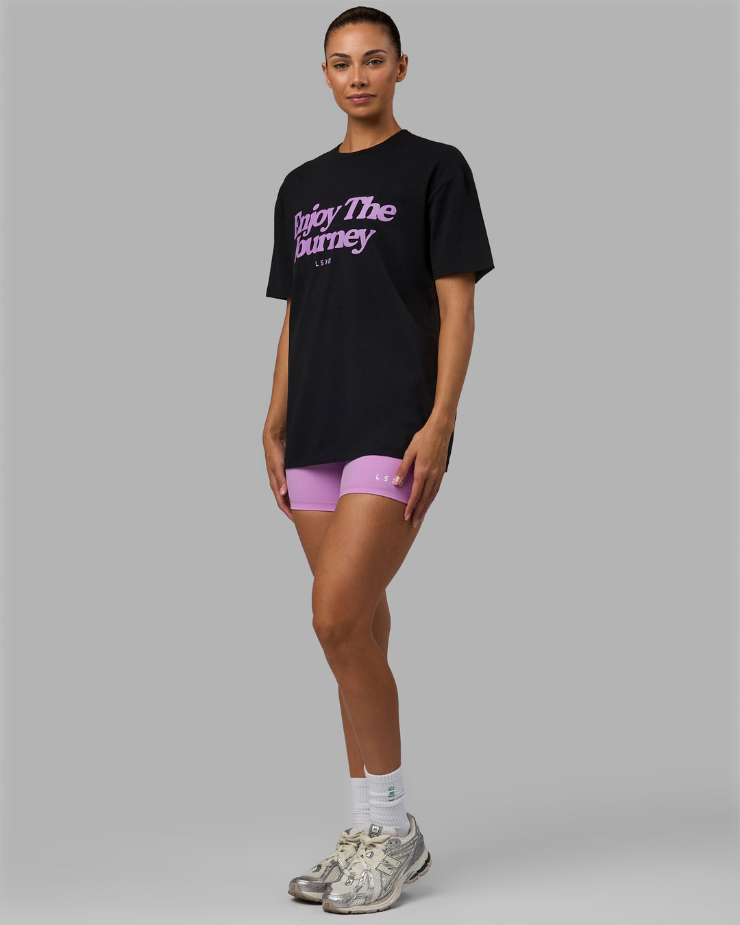 Woman wearing Unisex Enjoy The Journey FLXCotton Tee Oversize - Black-Light Violet - view 6