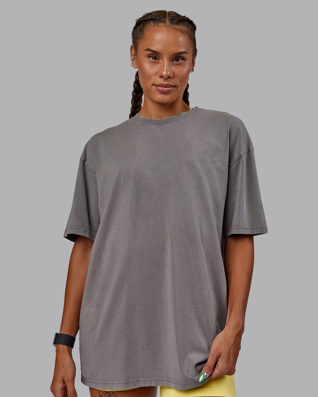 Woman wearing Unisex Miami25 Washed FLXCotton Tee Oversize - Storm Front-Lemon Fizz - view 3