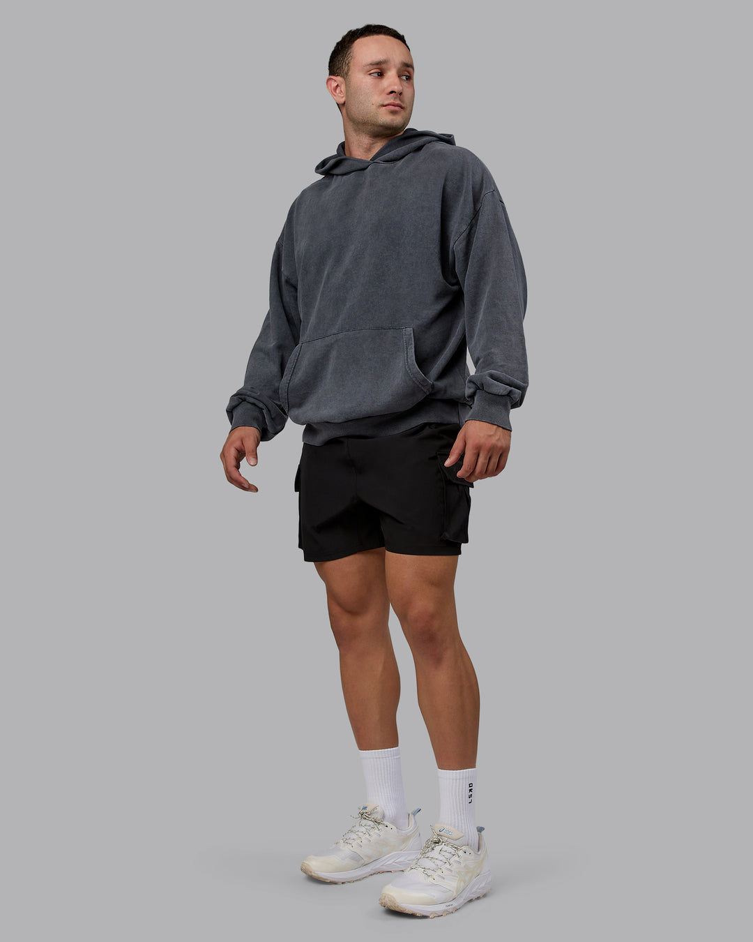 Man wearing Unisex Washed Set the Standard Hoodie Oversize - Black-Greyish Purple - view 6