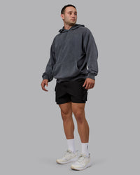 Man wearing Unisex Washed Set the Standard Hoodie Oversize - Black-Greyish Purple | Thumbnail Index: 5