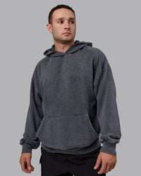 Man wearing Unisex Washed Set the Standard Hoodie Oversize - Black-Greyish Purple | Thumbnail Index: 3
