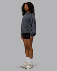 Woman wearing Unisex Washed Set the Standard Hoodie Oversize - Black-Greyish Purple | Thumbnail Index: 4