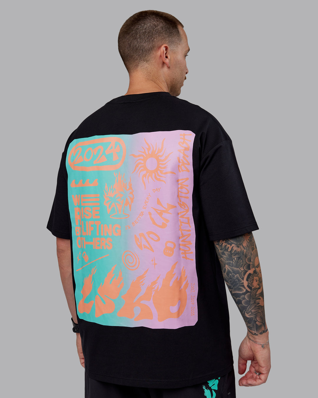 Man wearing Unisex So Cal 24 FLXCotton Tee Oversize - Black-Beacon Orange - view 7