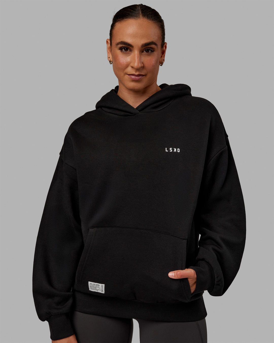 Woman wearing Unisex VS6 Hoodie Oversize - Black-White - view 6