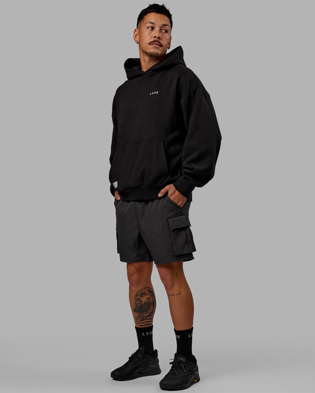 Man wearing Unisex VS6 Hoodie Oversize - Black-White - view 10