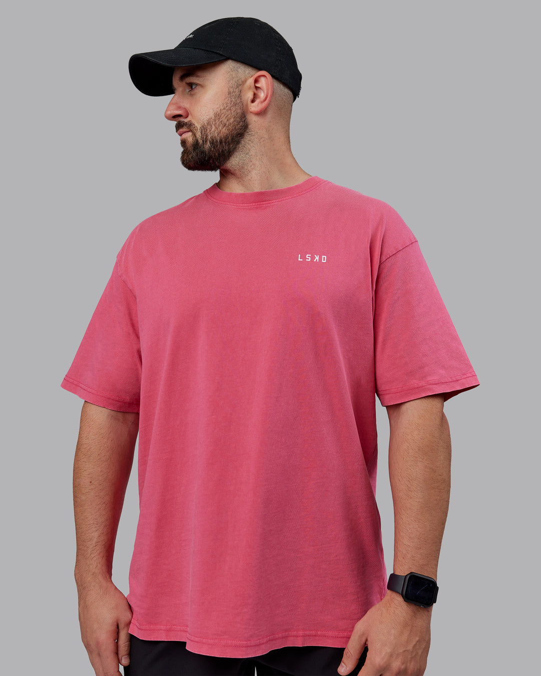 Man wearing Unisex Washed Empower Tee Oversize - Berry Pink-Pastel Orchid - view 3