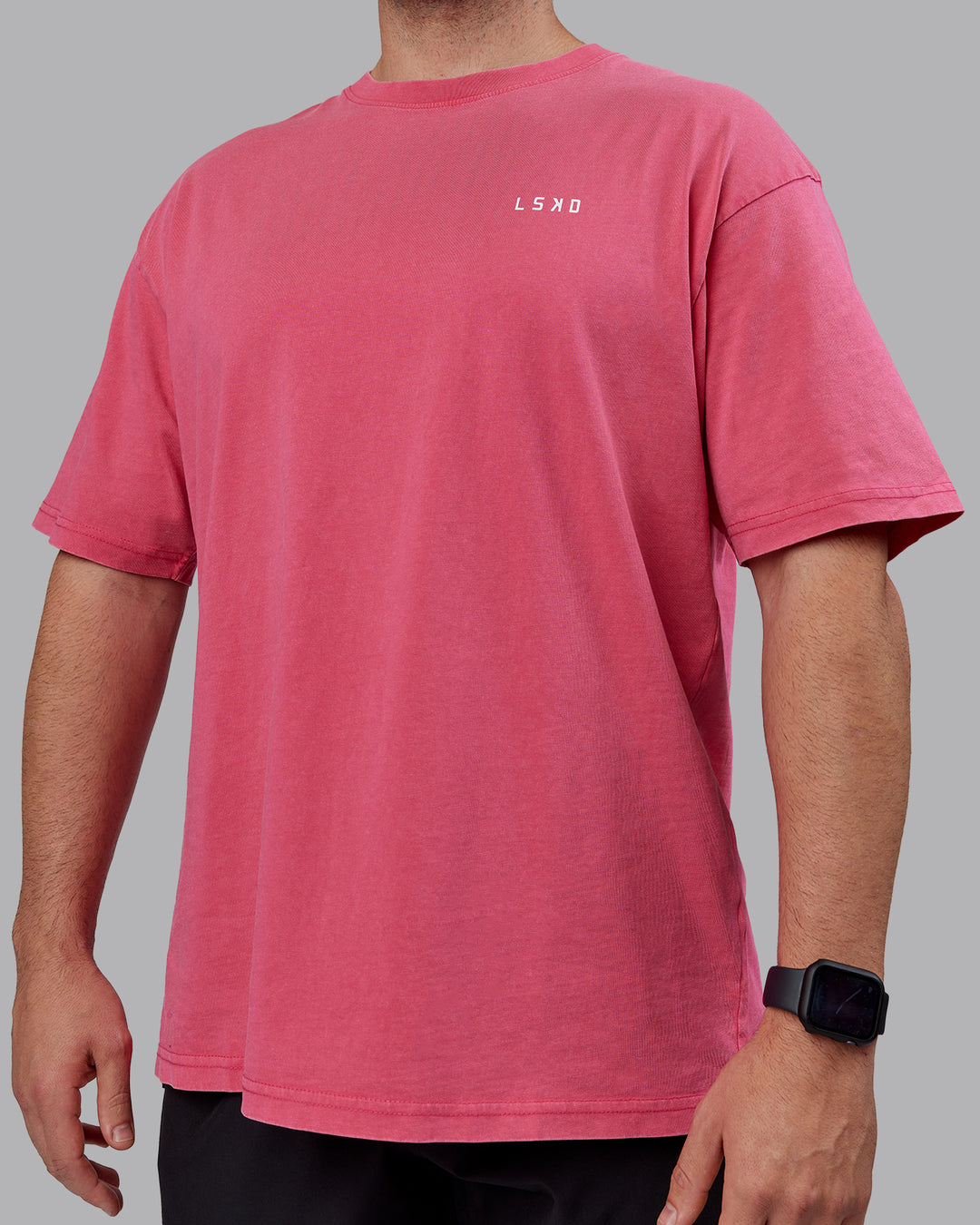 Man wearing Unisex Washed Empower Tee Oversize - Berry Pink-Pastel Orchid - view 9