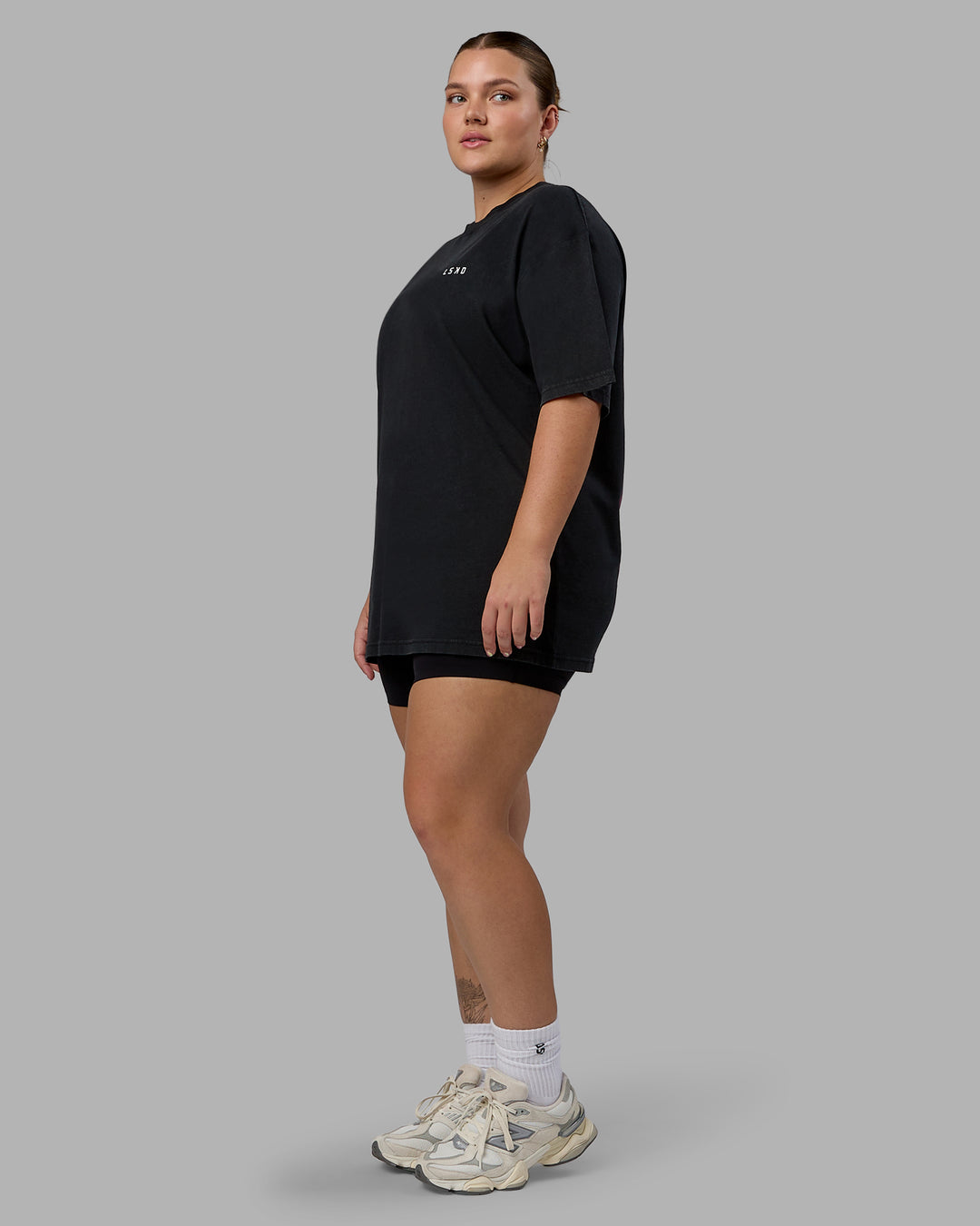 Woman wearing Unisex Washed Empower Tee Oversize - Black-Berry Pink - view 7