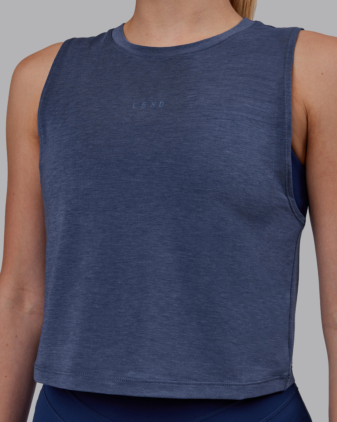 Woman wearing Vital Cropped Training Tank - Midnight Blue - view 5