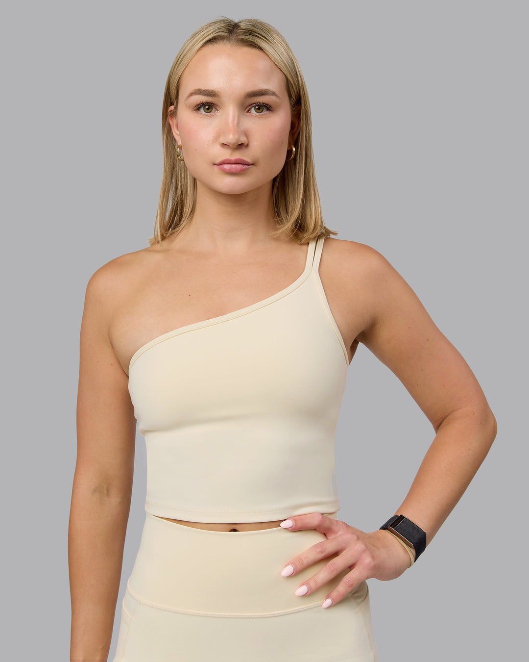 Woman wearing Vivid Skimmer Shelf Bra Tank - Ivory - view 3