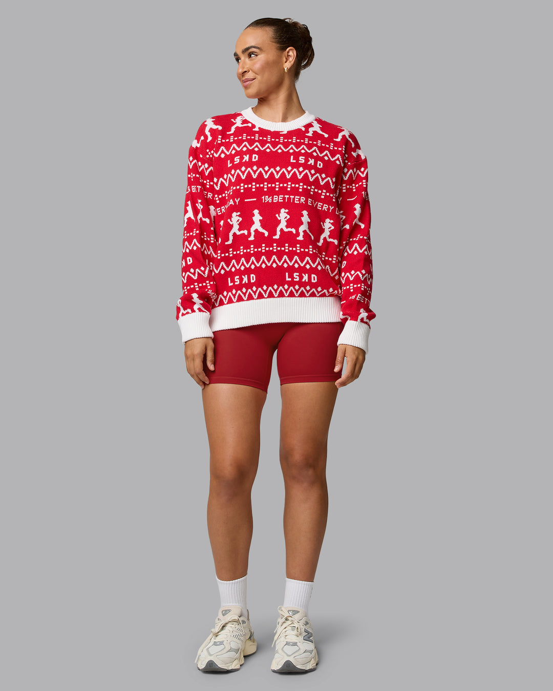 Woman wearing LSKD Christmas Knit Sweater - Cherry Red-Ivory - view 6