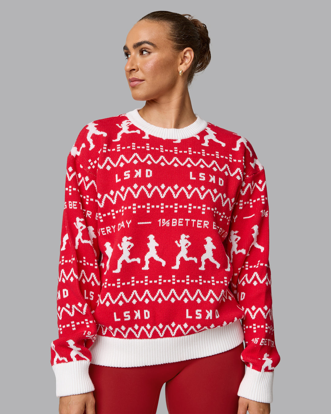 Woman wearing LSKD Christmas Knit Sweater - Cherry Red-Ivory - view 1