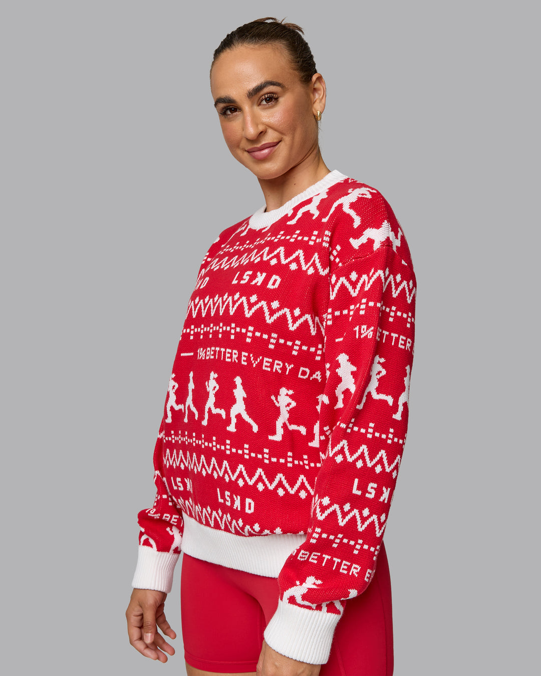 Woman wearing LSKD Christmas Knit Sweater - Cherry Red-Ivory - view 5