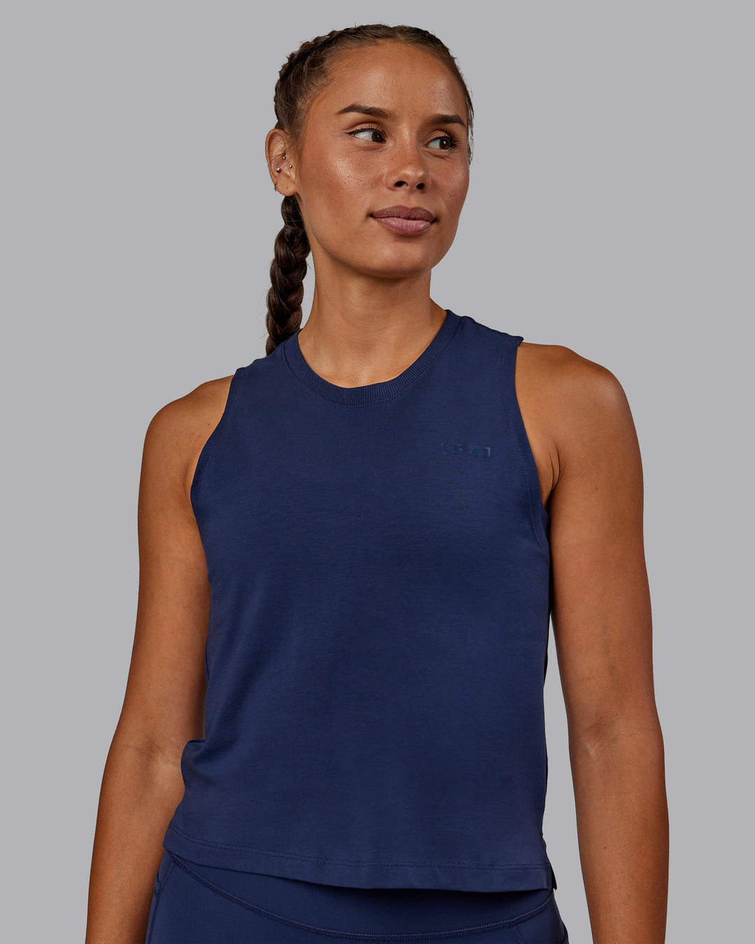 Woman wearing Deluxe PimaFLX Tank - Future Navy - view 2