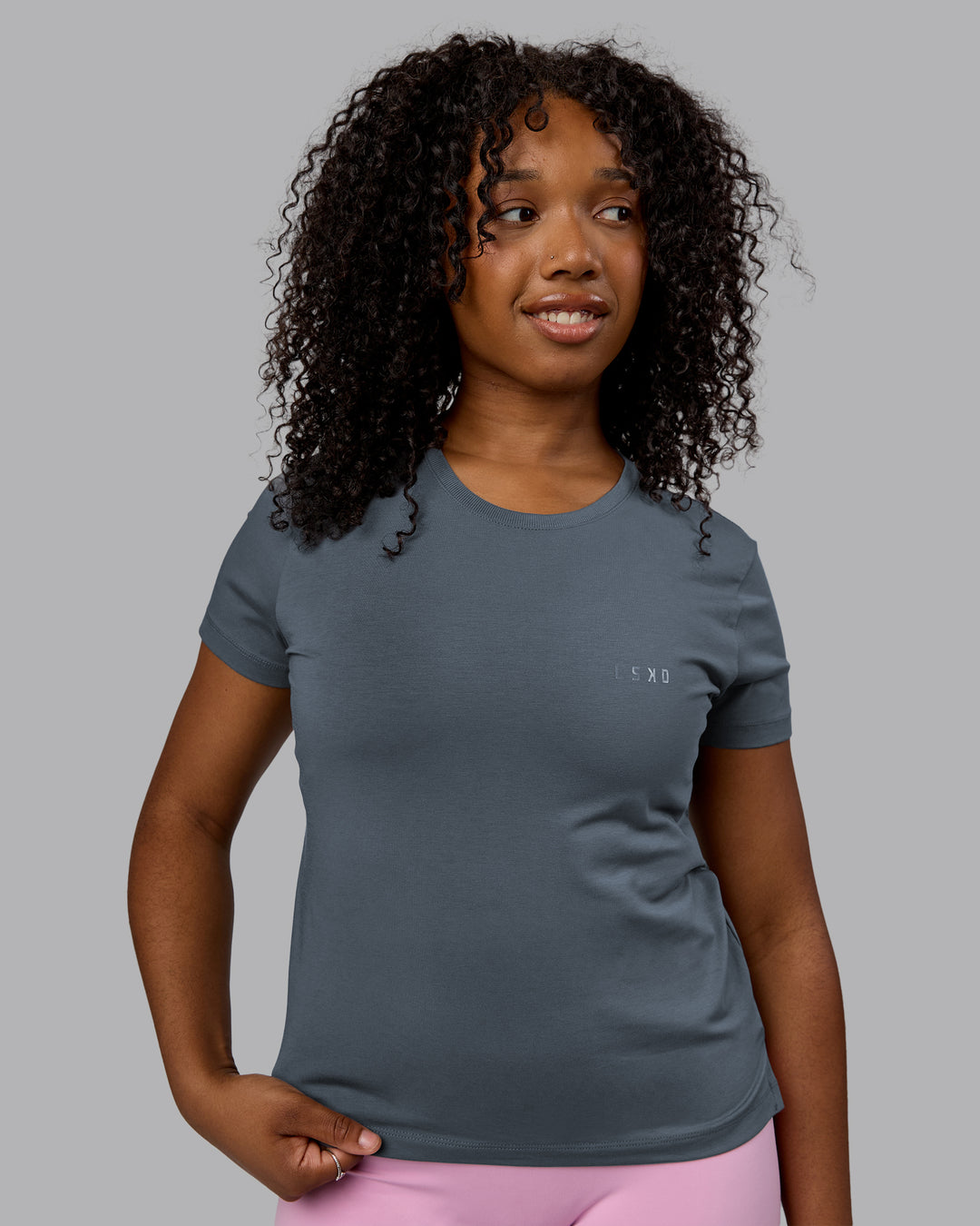 Woman wearing Deluxe PimaFLX Tee - Turbulence - view 2