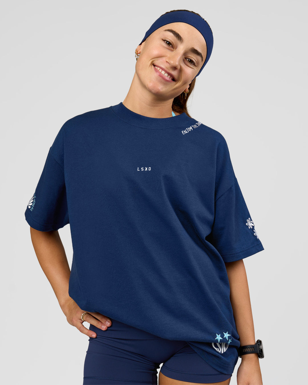 Woman wearing Pace Bonded Headband - Future Navy | Model:Grace  - view 1
