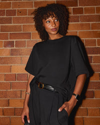 Woman wearing AfterDark ZeroCrease Cropped Tee - Black | Model:Tomi | Size:S | Thumbnail Index: 3