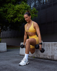 Woman wearing Agile Sports Bra in Banana Cream | Size:S | Thumbnail Index: 2