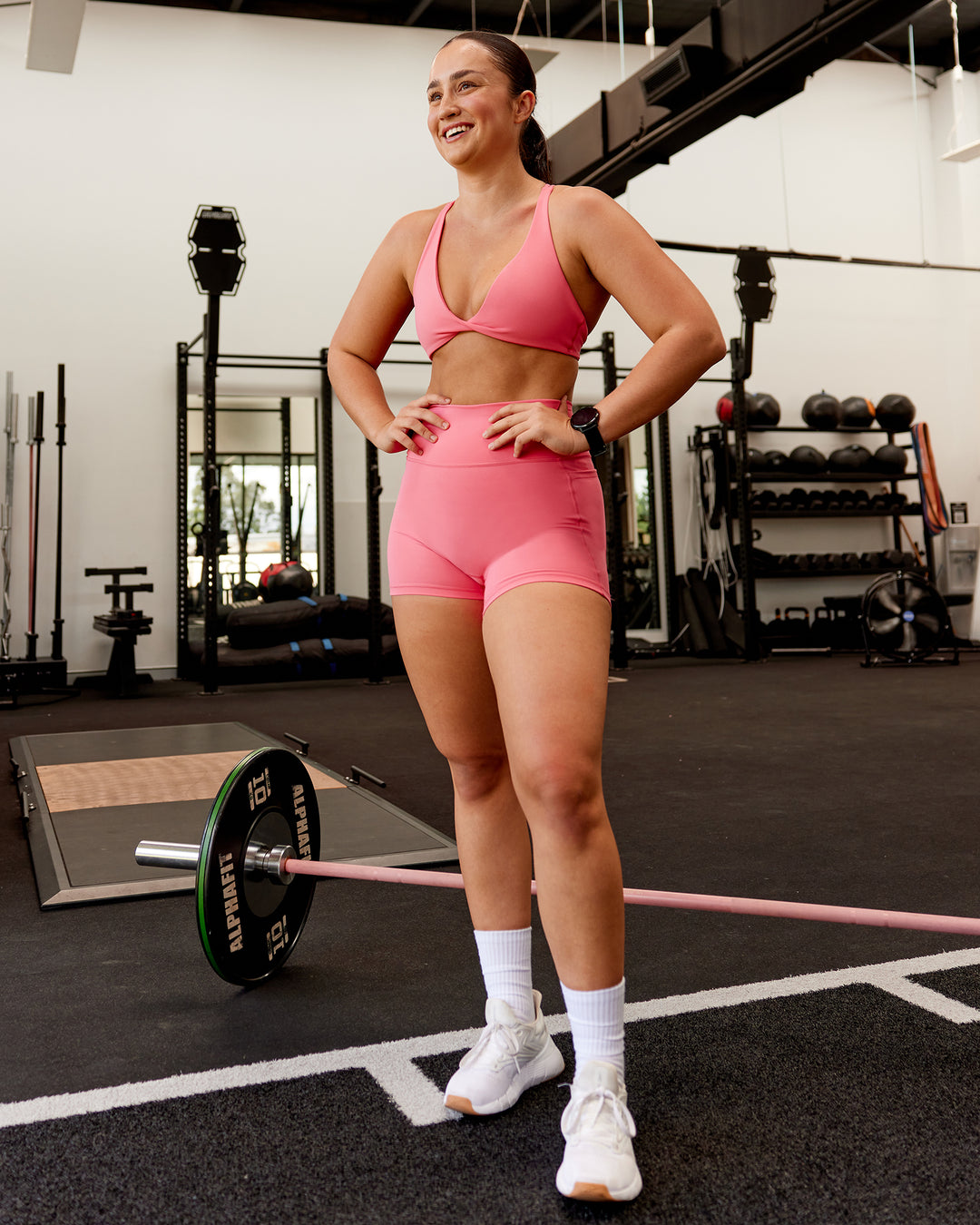 Woman wearing Agile Sports Bra - Pink Lemonade | Model:Charlotte | Size:S - view 3