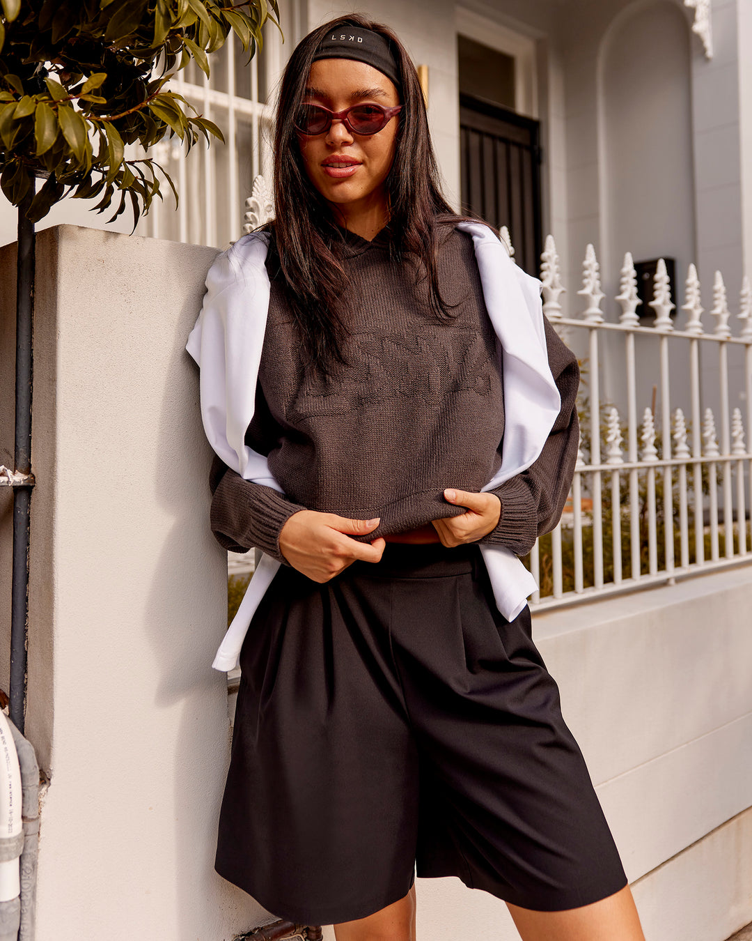 Woman wearing All Day Active Knitted Hoodie - Dark Storm | Model:Kaye | Size:S - view 2