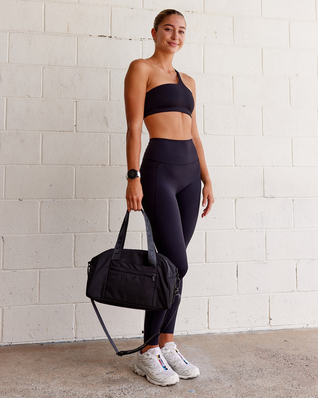 Woman wearing Angle Sports Bra - Black | Model:Asia | Size:S - view 3