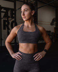Woman wearing Aspire Sports Bra - Dark Storm Wash | Model:Summer | Size:S | Thumbnail Index: 3