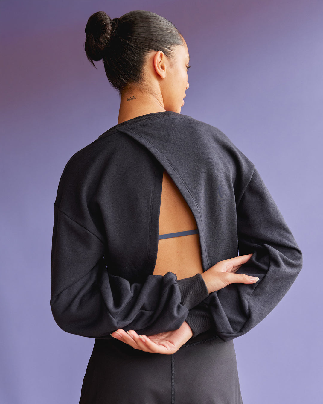Woman wearing Breeze Open Back Sweater - Black-Black | Model:Tali | Size:S - view 7