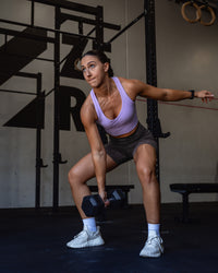 Woman wearing Evoke Longline Sports Bra - Violet Ray | Model:Summer | Size:S | Thumbnail Index: 2