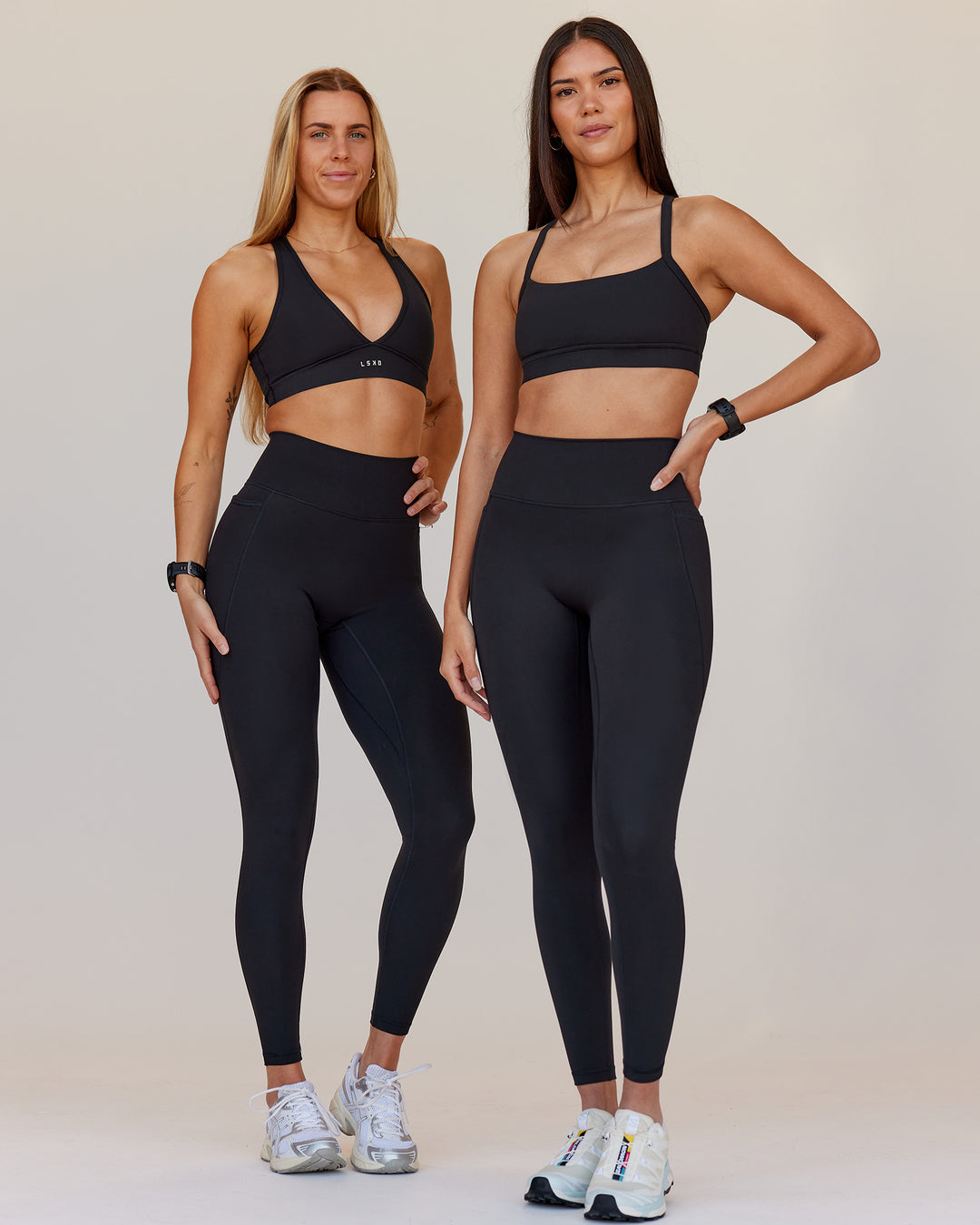 Woman wearing Fusion V-Contour Ultra High-Rise Full Length Legging Pockets - Black | Model:Both | Size:S - view 8