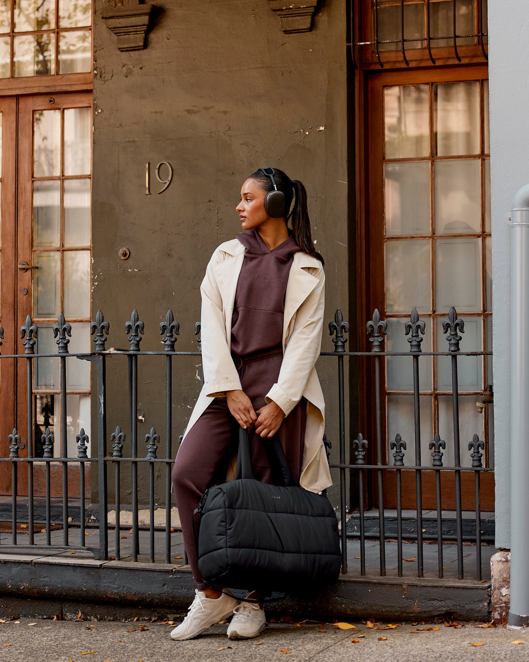 Woman wearing On the Move Trench Coat - Shale Beige | Model:Rosie | Size:S - view 4