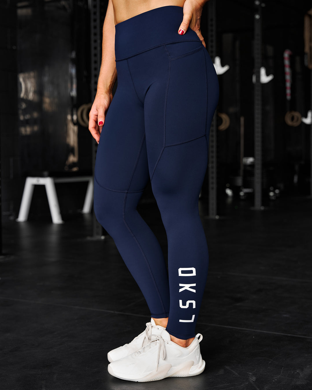 Woman wearing Rep Ultra High-Rise Full Length Legging Pockets - Future Navy-White | Model:Ella | Size:S - view 1