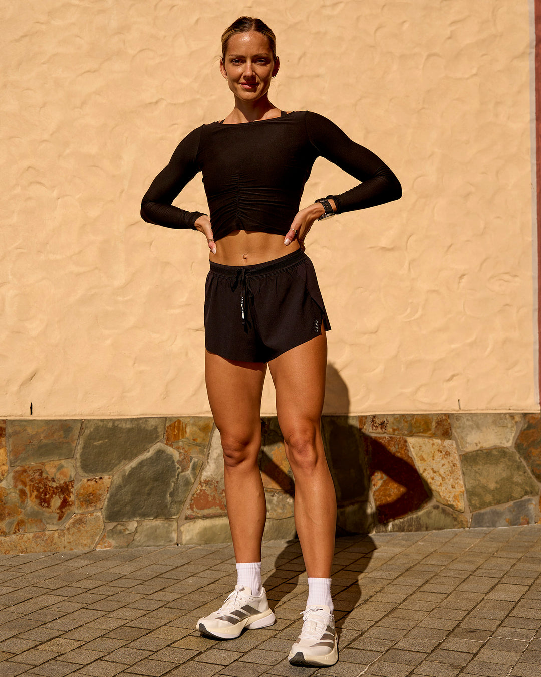 Woman wearing Scrunch Long Sleeve Tee - Black | Model:Lauren | Size:S - view 4