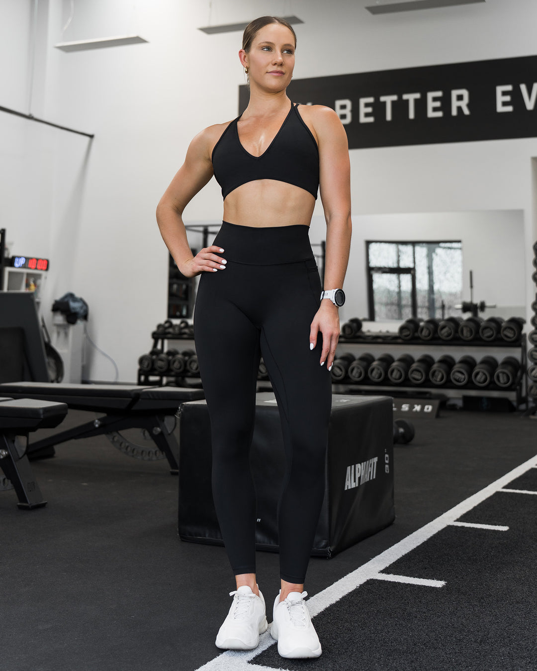 Woman wearing Stamina Pulse Sports Bra - Black | Model:Sarah | Size:S - view 3