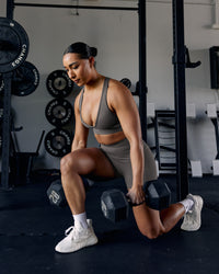 Woman wearing Stamina Sports Bra - Dark Storm | Model:Ayla | Size:S | Thumbnail Index: 2