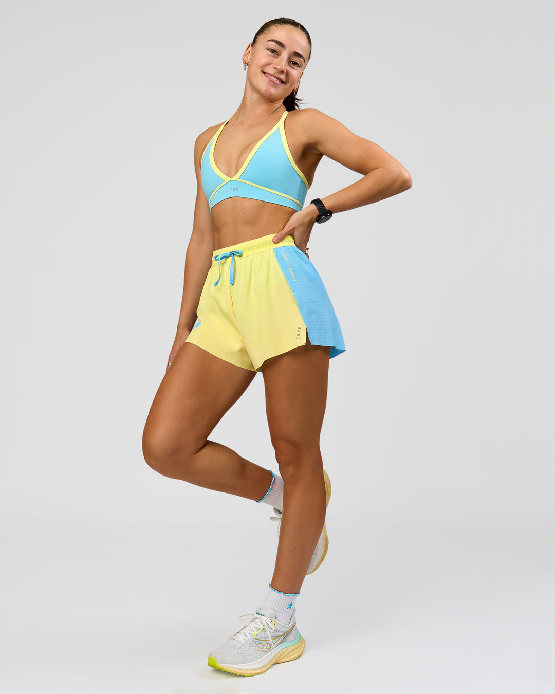 Woman wearing GG Accelerate 3" High-Rise Running Short - Baltic Sea-Lemon | Model:Grace | Size:S - view 5