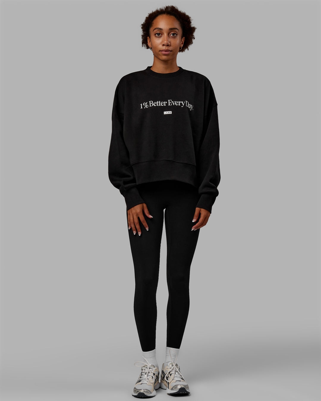 Woman wearing 1% Better Heavyweight Sweater - Black-White - view 5