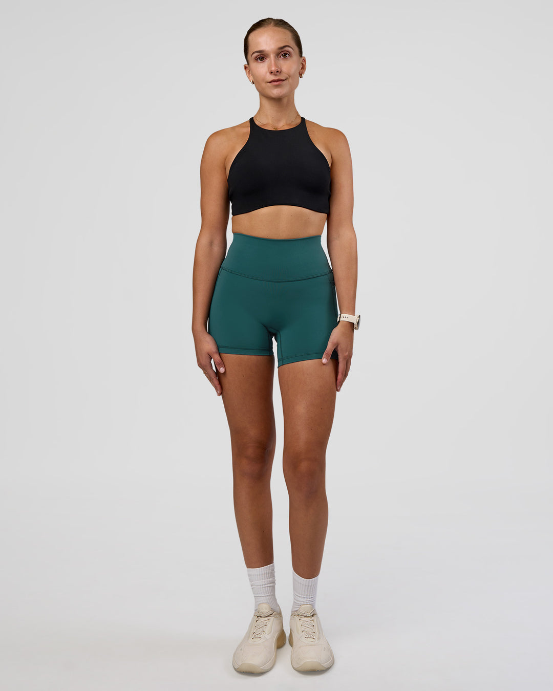 Woman wearing AMRAP High Neck Sports Bra - Black | Model:Myrte | Size:S - view 5