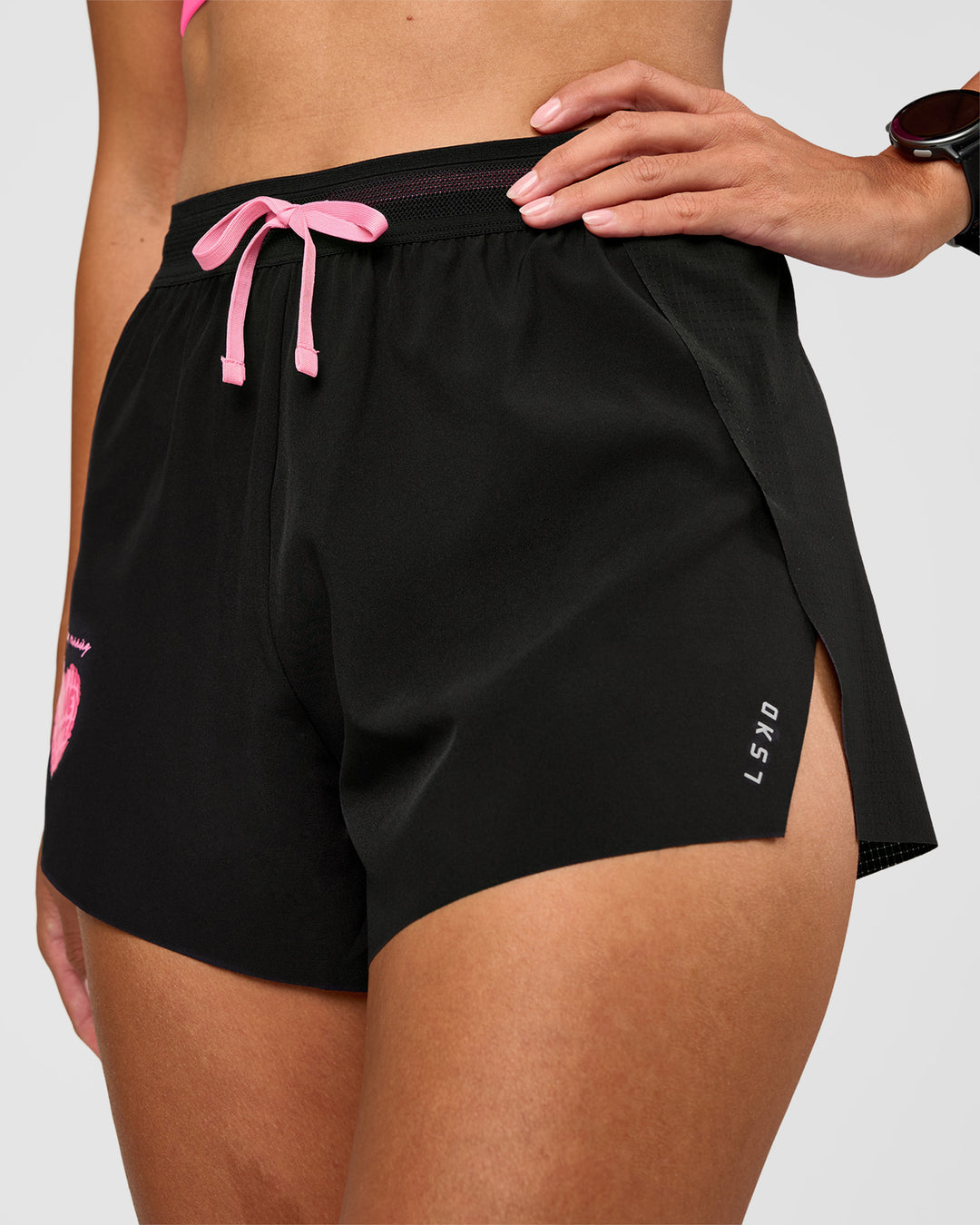 Woman wearing Accelerate 3" High-Rise Running Short - Black-Enjoy The Journey | Model:Rhiley | Size:S - view 9