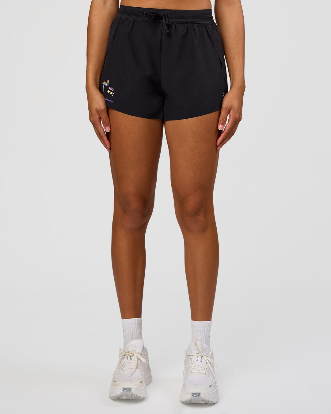 Woman wearing Accelerate 3" High-Rise Running Short - Black-Radiate | Model:Rosie | Size:S - view 7